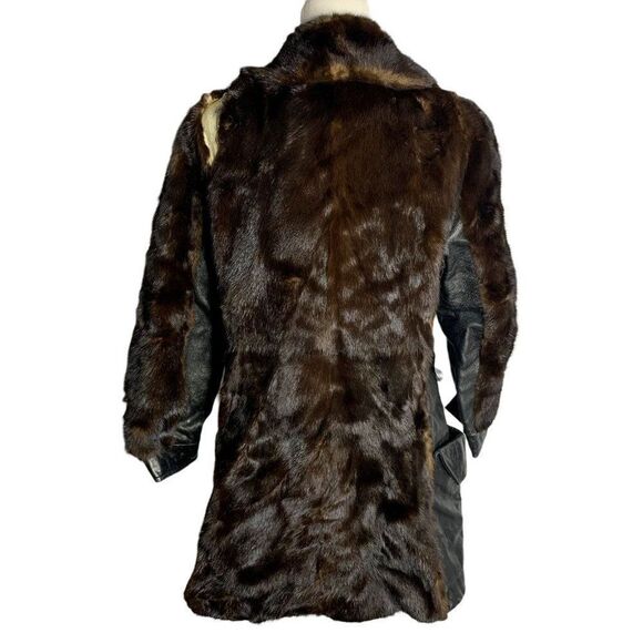 Vintage 70s Real Fur Leather Panel Coat M Black Brown For Repair - Picture 7 of 12